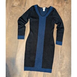 Max Studio Navy & Black Form Fitting Color Block Long Sleeve Sweater Dress Small